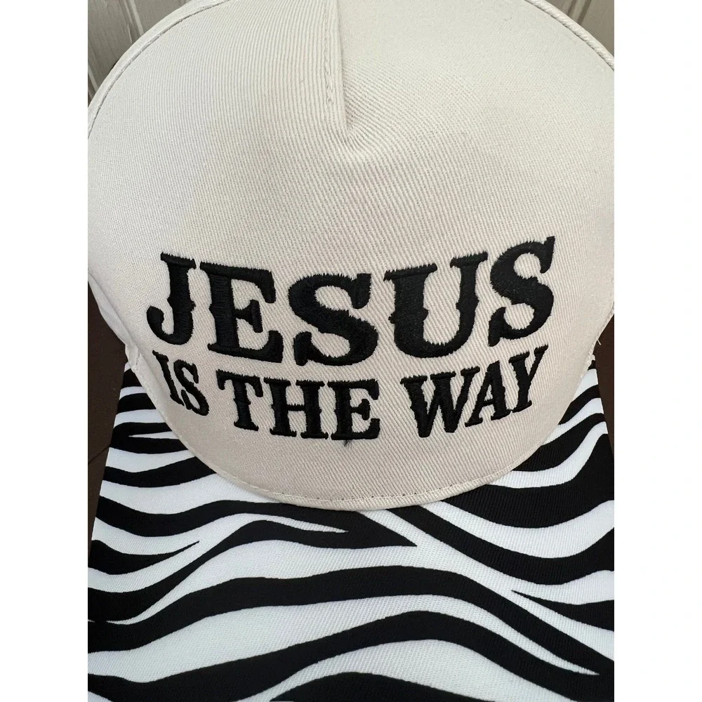 Jesus Is The Way Snapback Hat Zebra Print Brim Cream Christian Trucker Cap NEW
